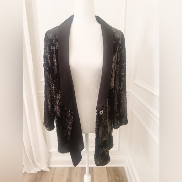 NWT Anthropoogie Cartonnier Black Sequined Tuxedo Blazer - Picture 3 of 10